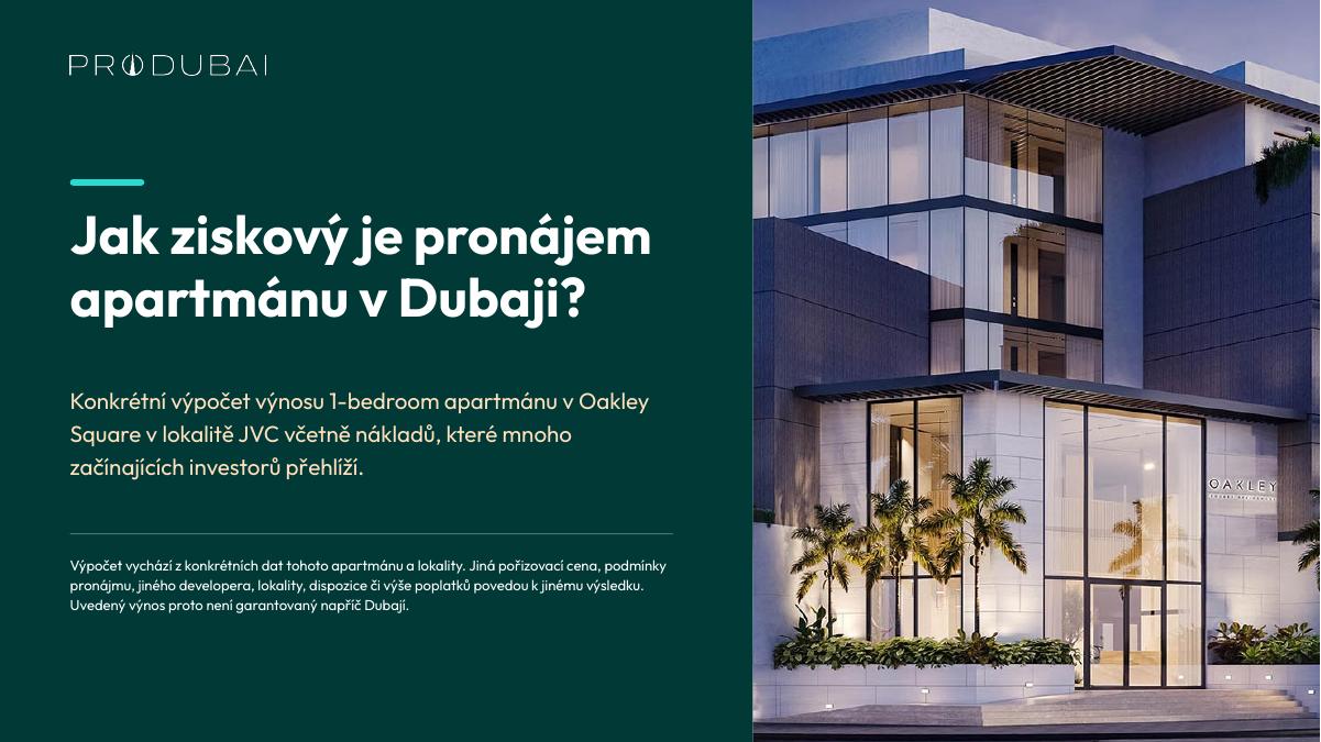 Modelový výpočet čistého výnosu z pronájmu – apartmán v projektu Oakley Square.